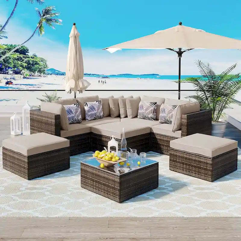 8-Piece Outdoor Brown Wicker Conversation Sofa Set with Beige Cushions and Colorful Pillows
