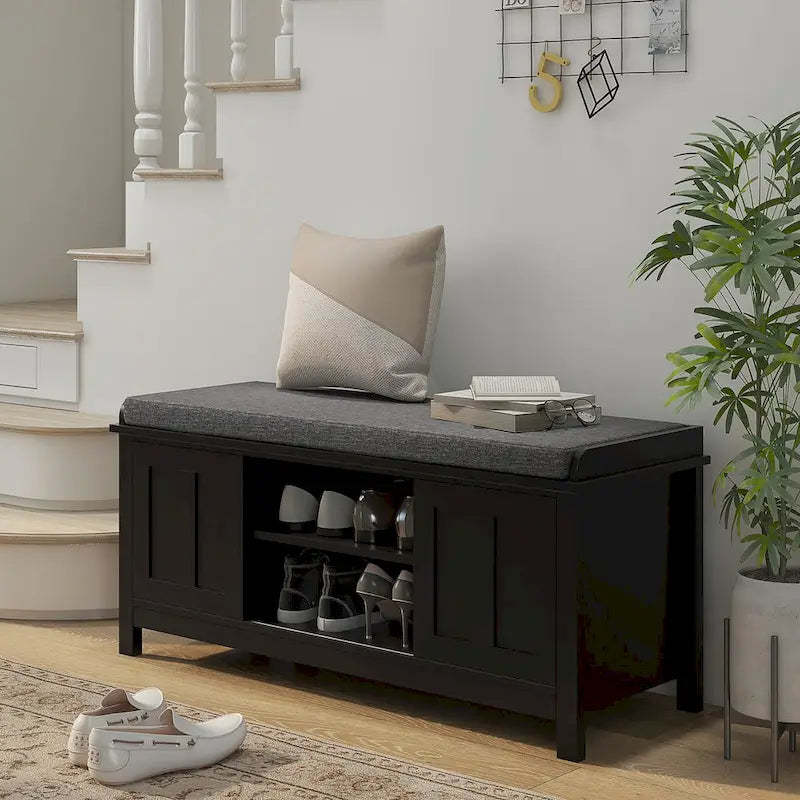 Entryway Shoe Rack Bench with Sliding Doors and Adjustable Shelving