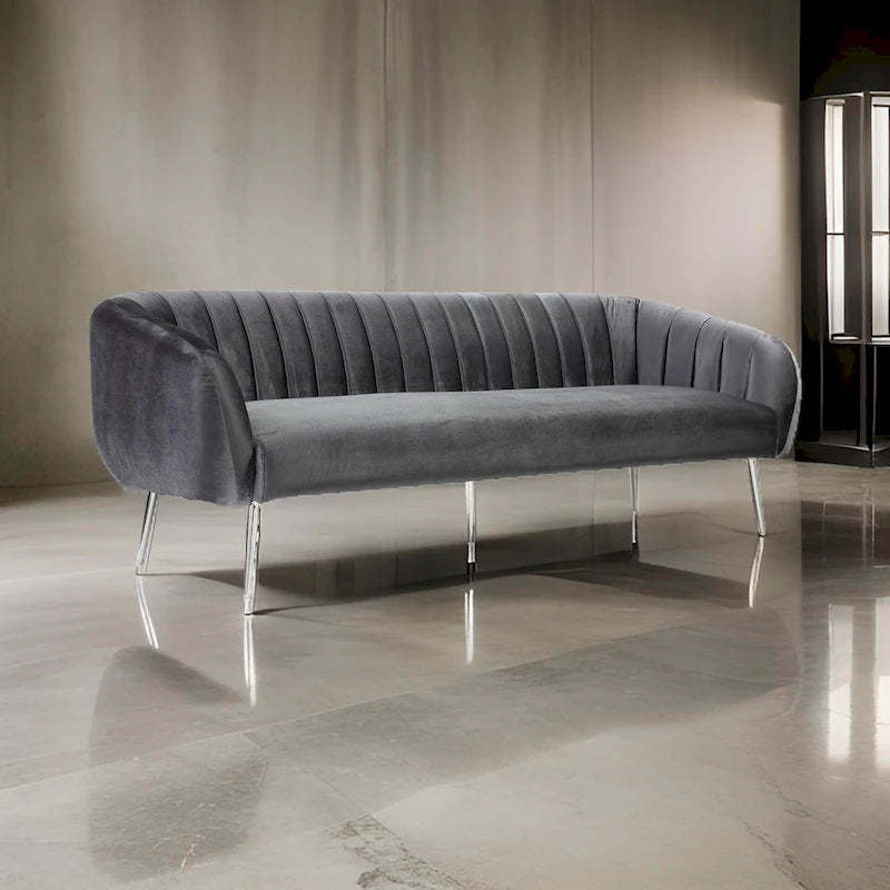 Decy 74 Inch Sofa, Channel Stitched, Cushioned Seat, Gray Velvet, Silver