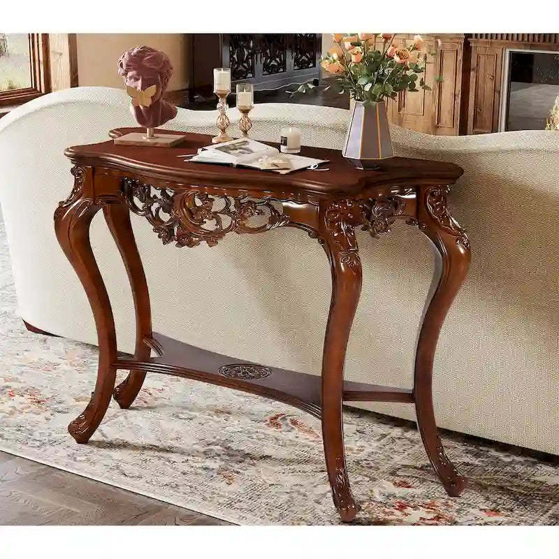 Vintage Carved Console Table with Storage Shelves Sofa Table