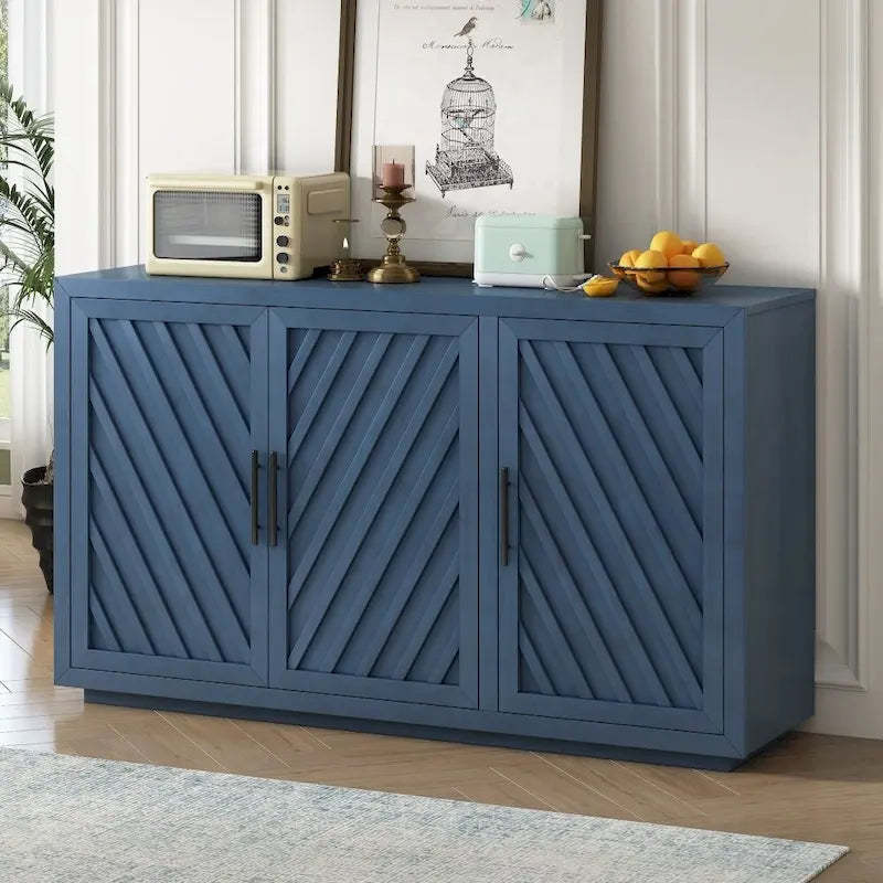 3-Door Large Storage Retro Sideboard with Adjustable Shelves and Black Handles