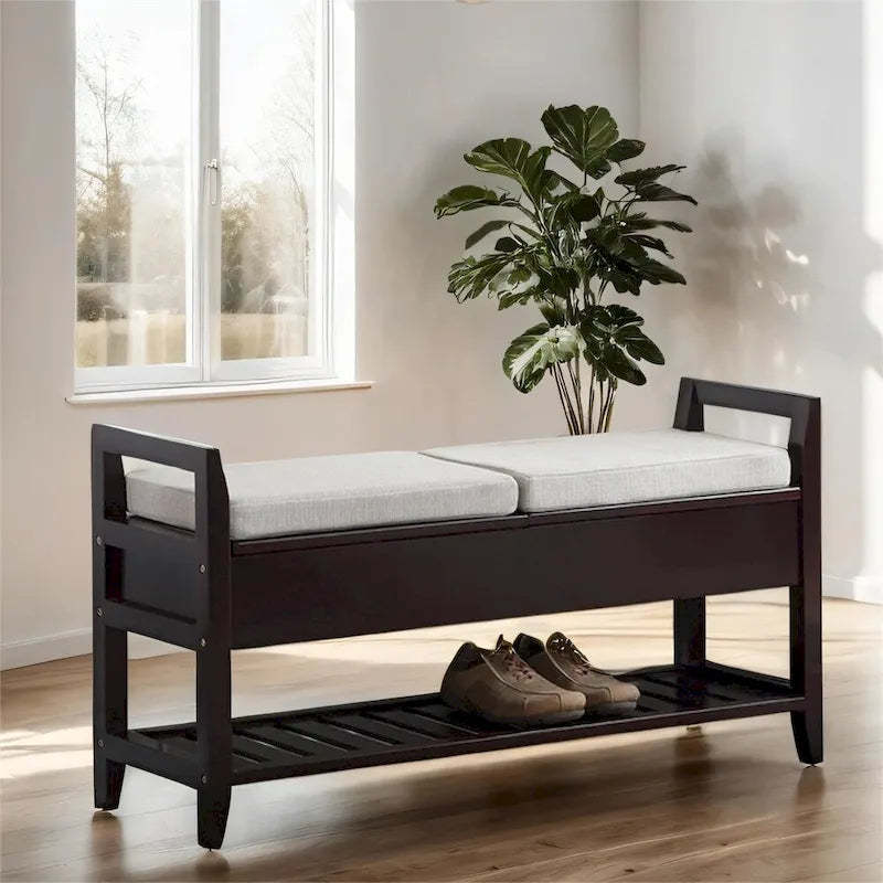 Fabric Upholstery Storage Shoe Bench with Shelf and Lifted Up Seats