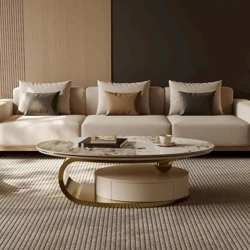 51 Modern Oval Coffee Table, Sintered Stone Top, Gold legs, Drawer - 51.2 X 27.5