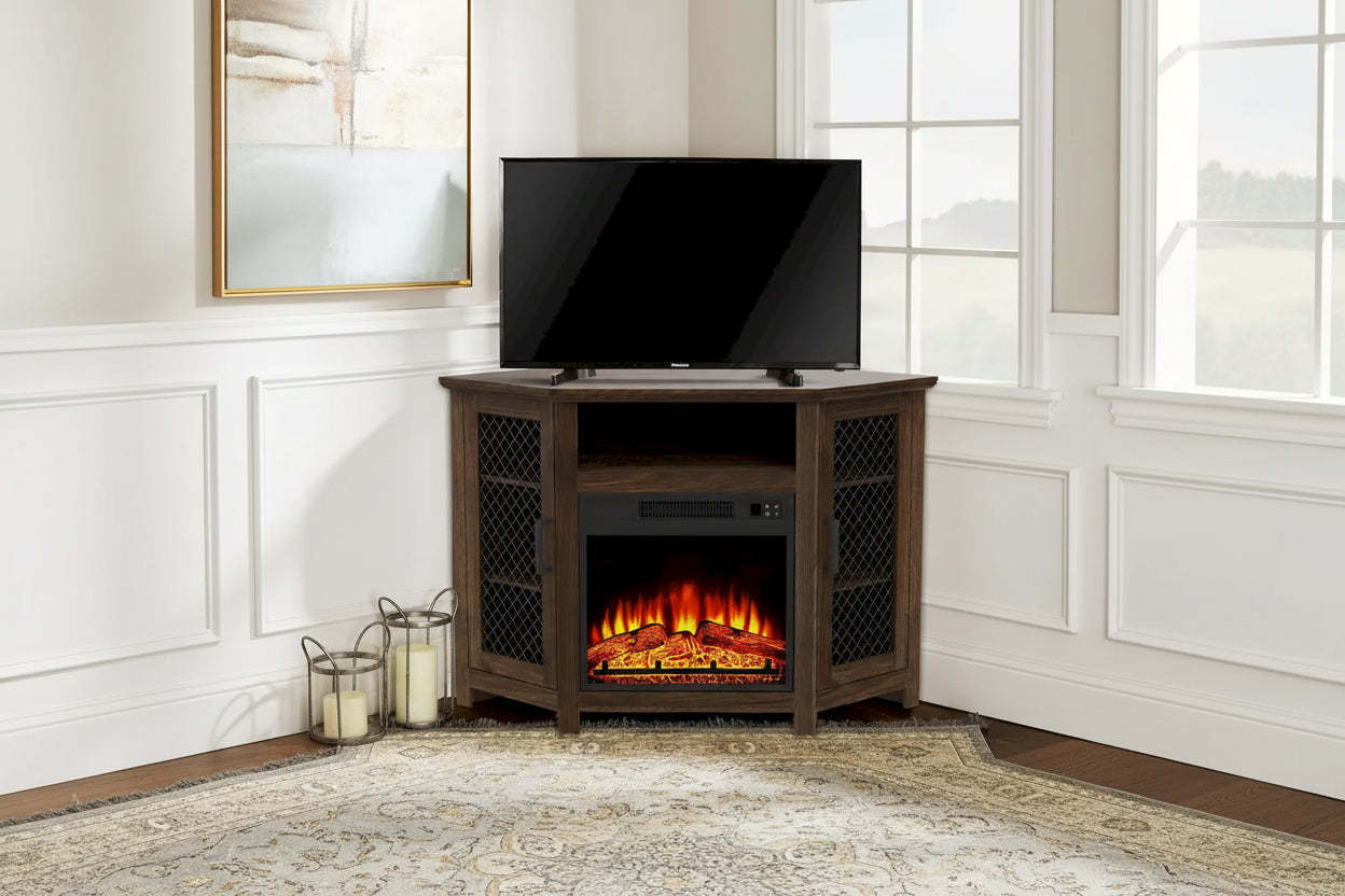 45 Industrial Corner Electric Fireplace TV Stands with 2 Metal Mesh Doors and Remote