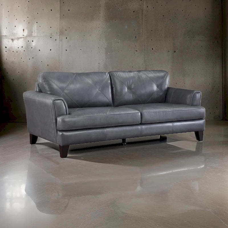Lisa 88 Inch Sofa, Gray Top Grain and Split Leather, Brown Solid Wood