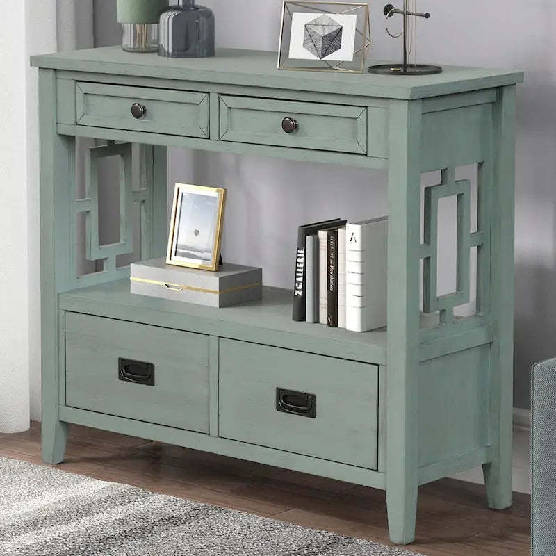 Wood Console Table Entry Sofa Table with 4 Drawers & 1 Storage Shelf for Entryway Living Room Bedroom