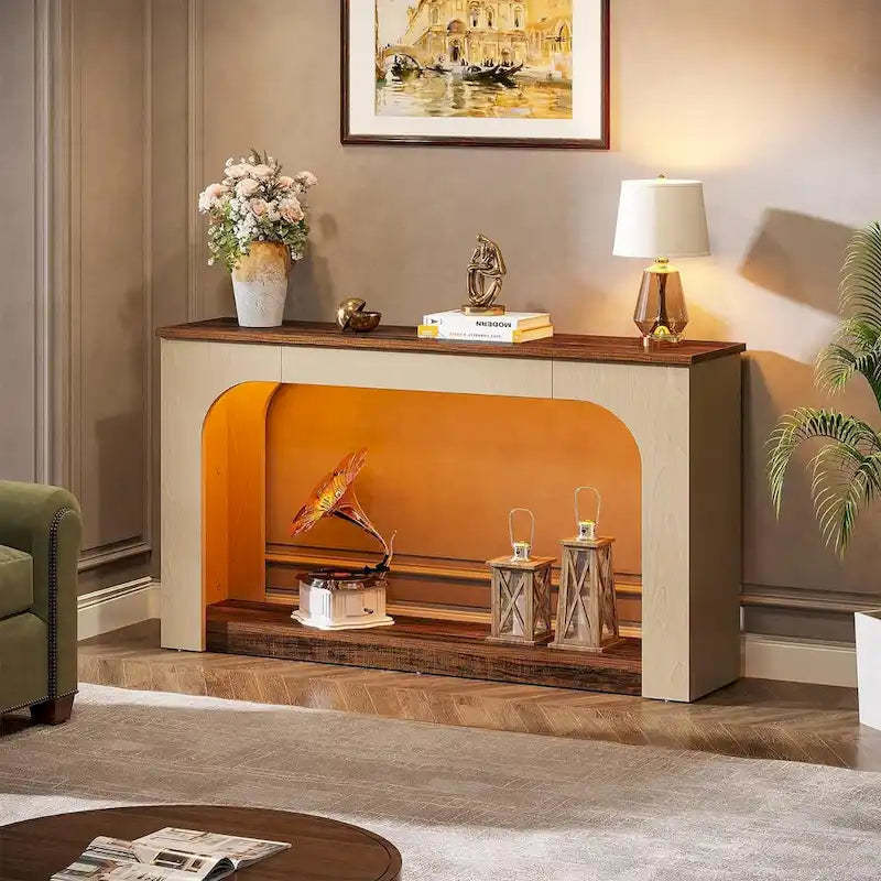 55 Inches Console Sofa Table Wood Entryway Table with LED Lights