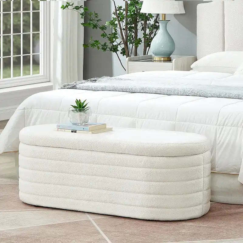 Modern Oval Storage Ottoman Bench,Upholstered Boucle Teddy Fabric End of Bed Bench with Storage,End of Bed Stool