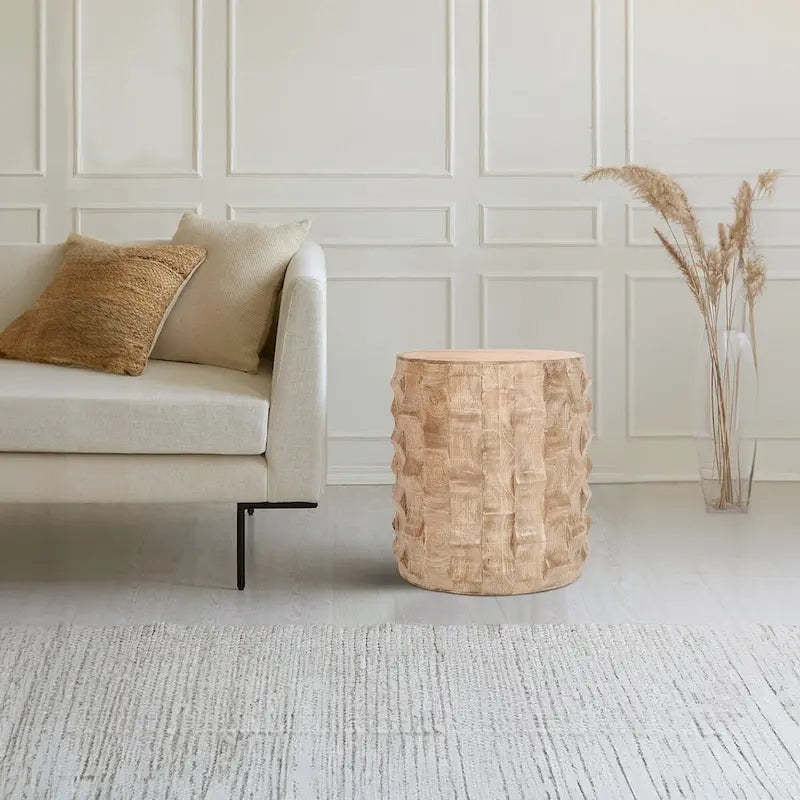 20 Inch Side End Table, Round Drum Shape with 3D Textured Design, Distressed White Finish