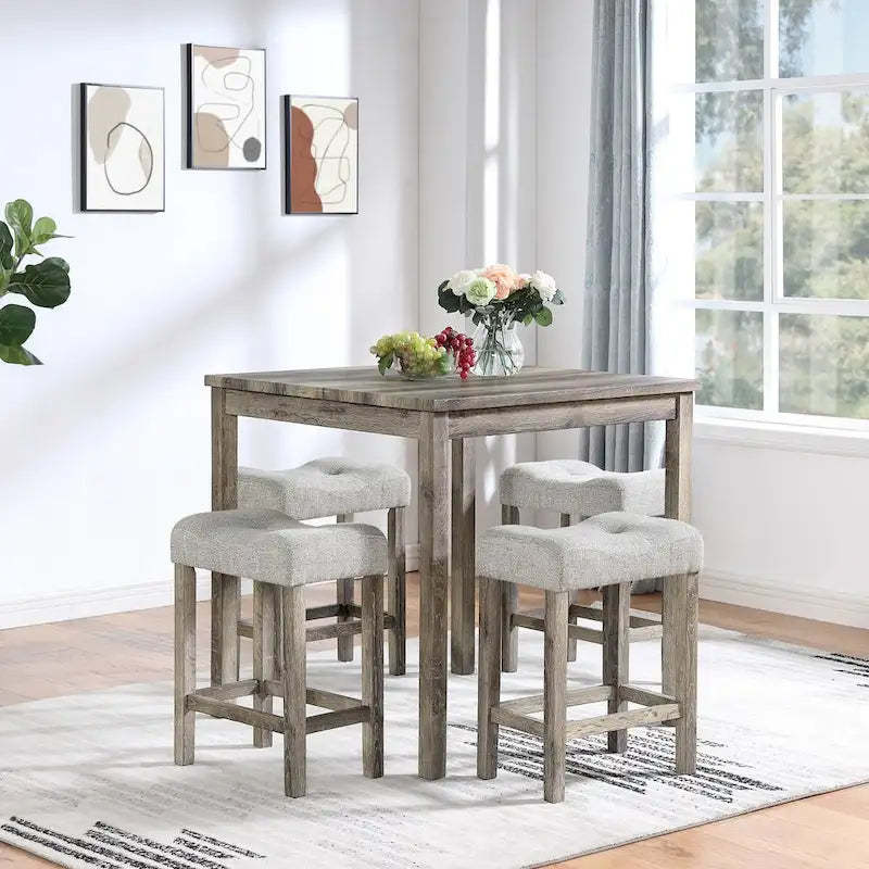 5-Piece Dining Table Set, Wood Square Table and 4 Upholstered Chairs