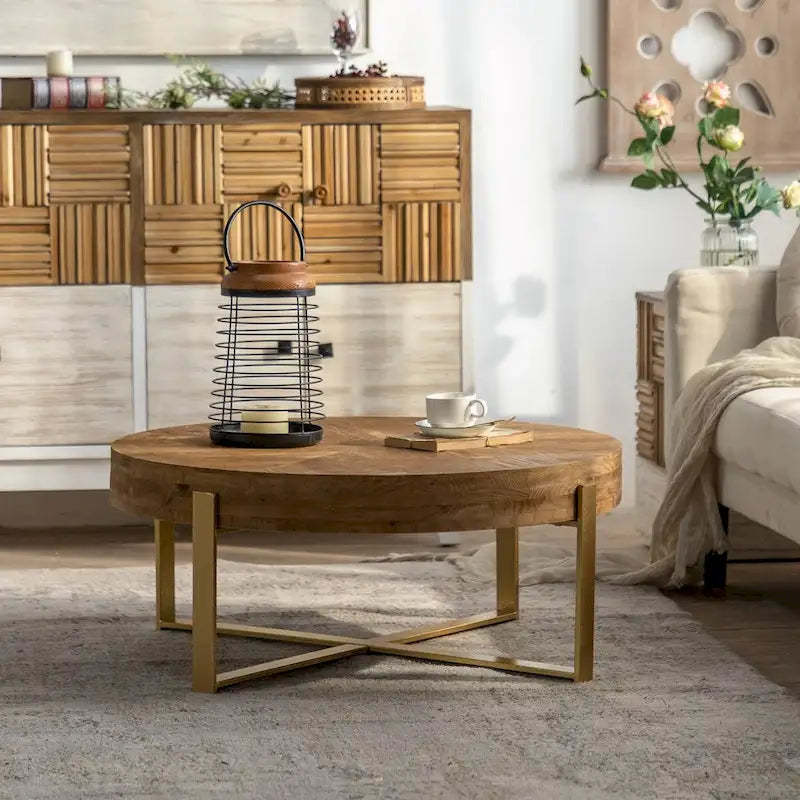 31.29 Splicing Round Coffee Table,Fir Wood Table Top with Gold Cross Legs Base