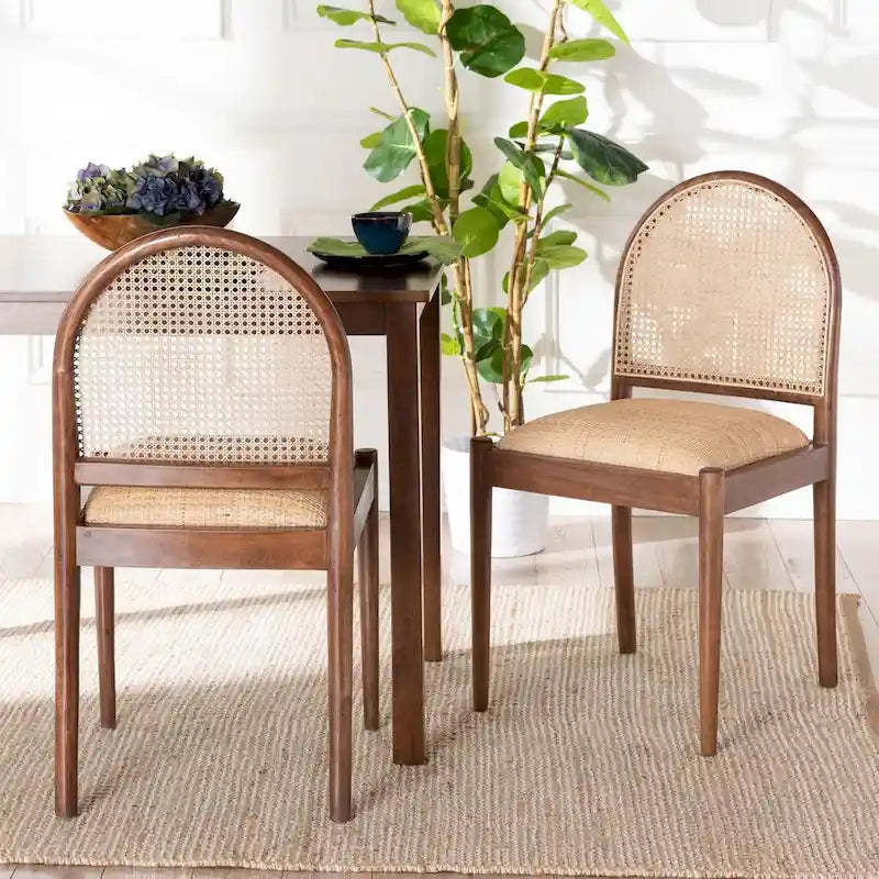 Maryland Modern Bohemian Natural Rattan and Acacia Wood 2-Piece Dining Chair Set