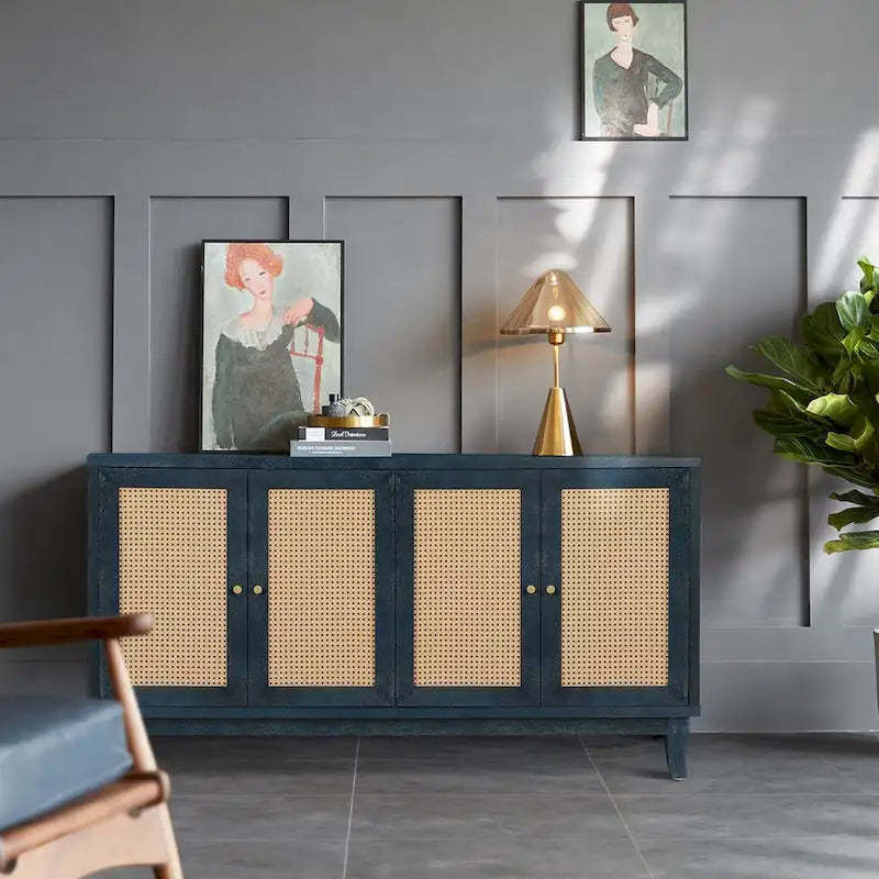 Roomfitters Handcrafted Premium Grain Panels,Rattan Sideboard Buffet Cabinet, Accent Storage Cabinet, Navy Blue - N/A