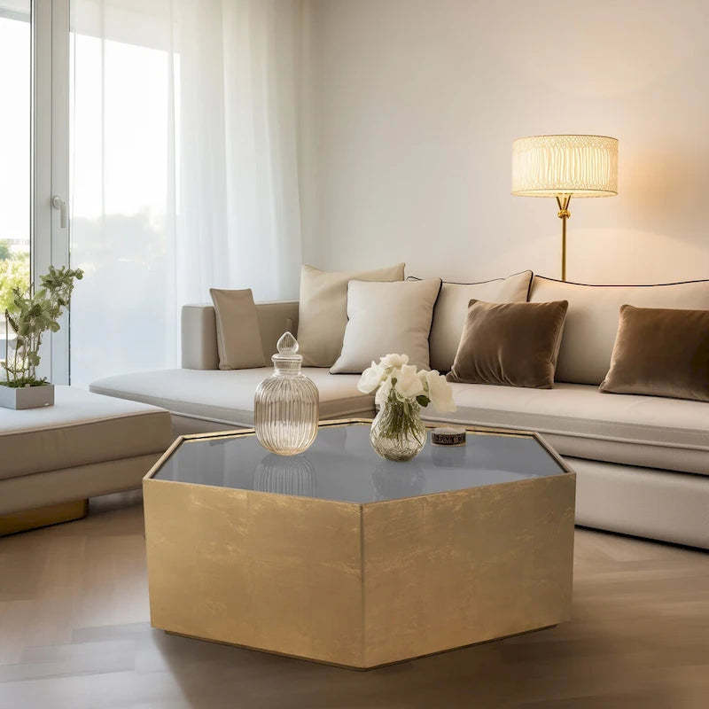Sagebrook Home Glam Modern Wood Gold Hexagon Glass Top Coffee Table - 48 x 42 x 16