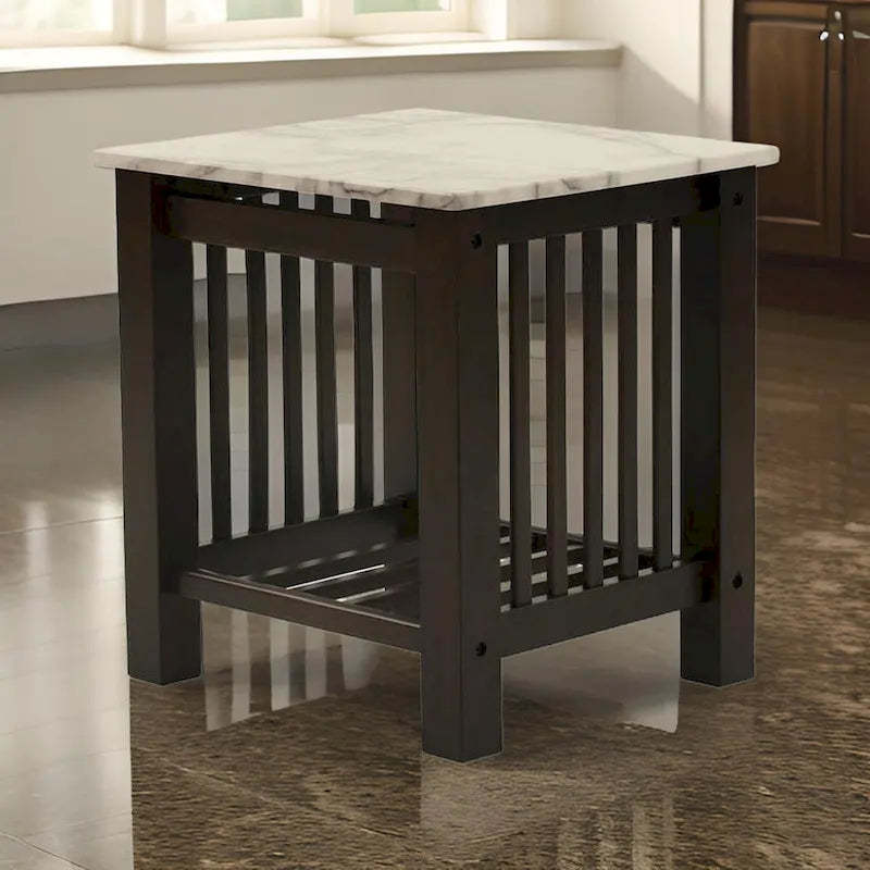 Moen 21 Inch Side End Table, White Faux Marble, Bottom Shelf, Black Wood