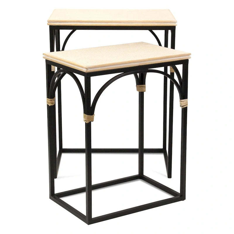 Claudette Set of 2 Rattan Accented Wood & Metal Rectangle Side Tables