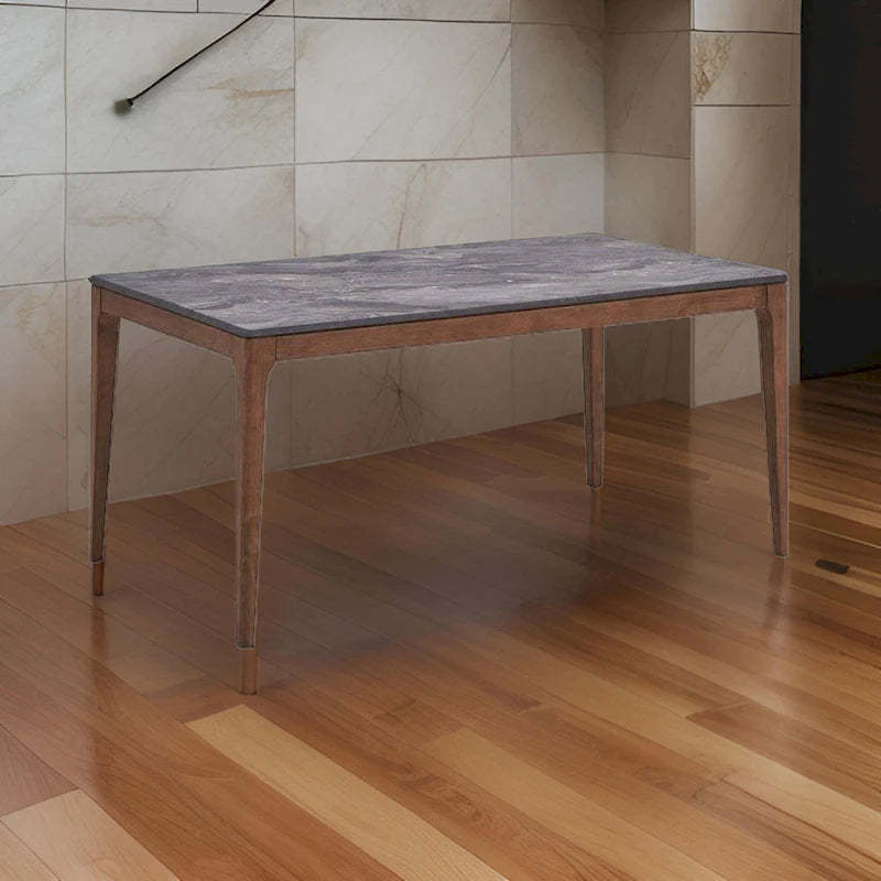 Evis 63 Inch Dining Table, Marble Grain Faux Stone Top, Walnut Brown Wood