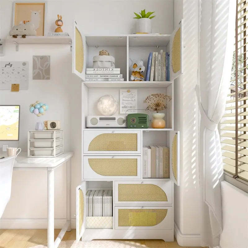 Storage Cabinet with Rattan Doors,Tall Freestanding Hutch Cabinet