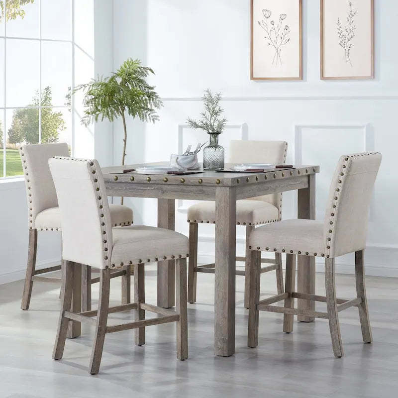 Morden Fort Farmhouse Style 5-piece Square Bar Table Set, 4 Upholstered Counter Stools with Bar Table Dining Set