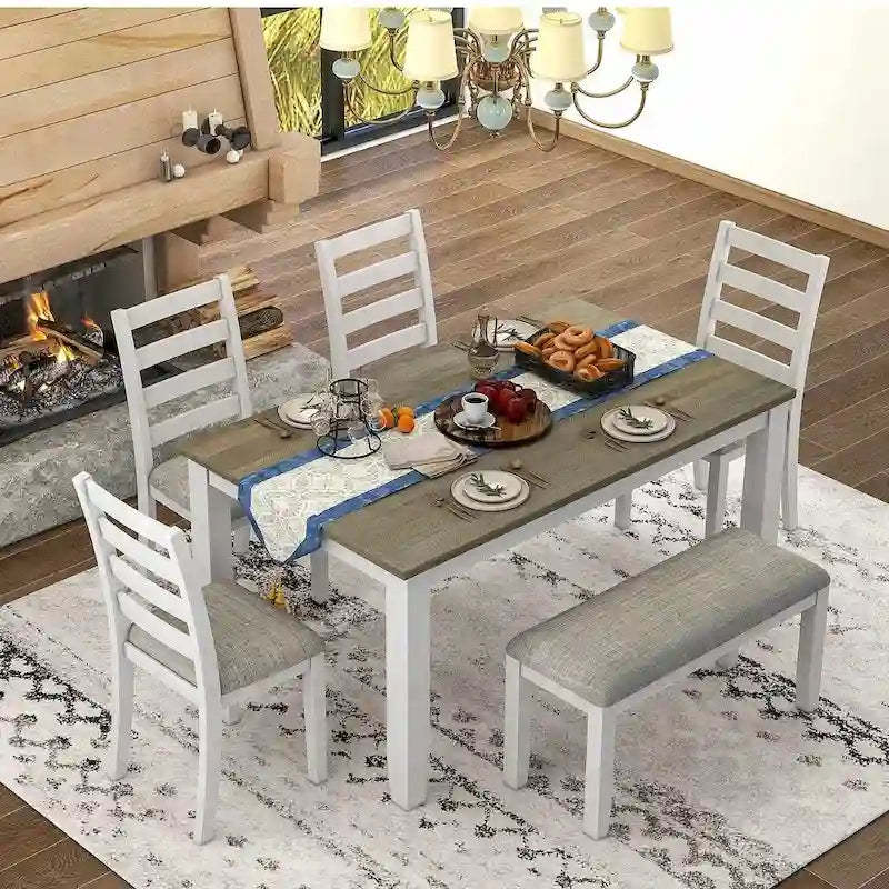 60 Farmhouse Rectangular Dining Table with 4 Upholstered Chairs and Bench