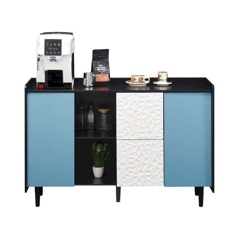 Sideboard Buffet Cabinet,Storage Cabinet with Blue Doors,2 Drawers with unique panel styling and 2 Open Storage Compartment