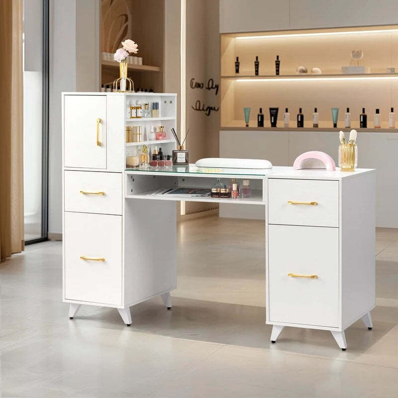 Embossed Particle Board Tempered Glass 55 W Manicure Table