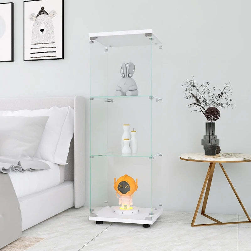 Glass Display Cabinet with 3 Shelves, One-Door Curio Cabinets, White Floor Standing Glass Bookshelf, Quick Installation