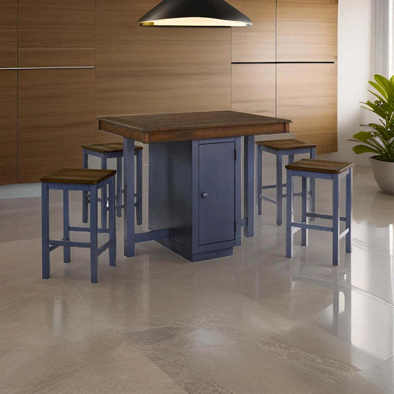 5 Piece Counter Height Dining Table Set, 4 Stools, Antique Oak, Blue Wood