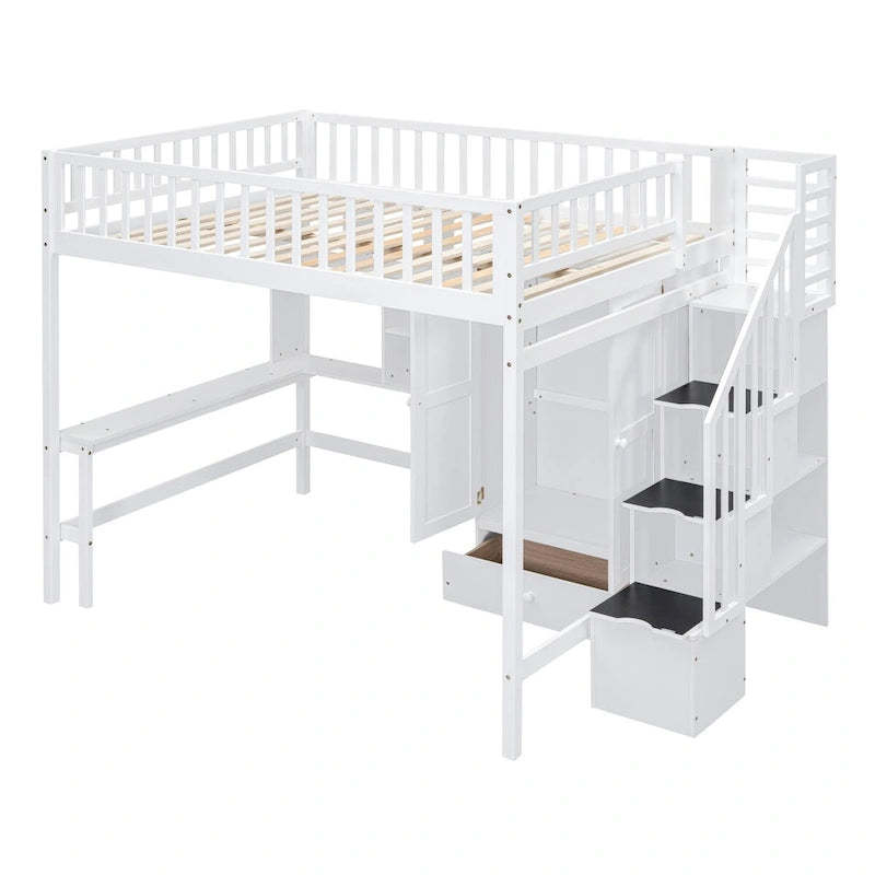 White Full Pine Loft Bed with Bookshelf, Drawers, Desk, Wardrobe, Storage Stair