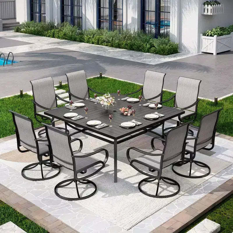 Captiva Designs 9pc Outdoor Slat-top Square Metal Dining Table and Sling Swivel Chairs