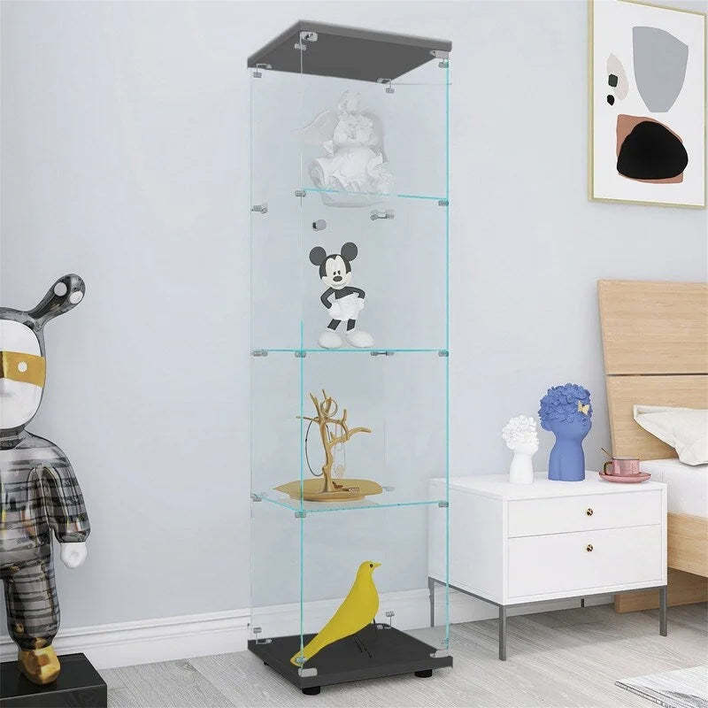 Lighted 4 Shelves Glass Display Cabinet with One Door