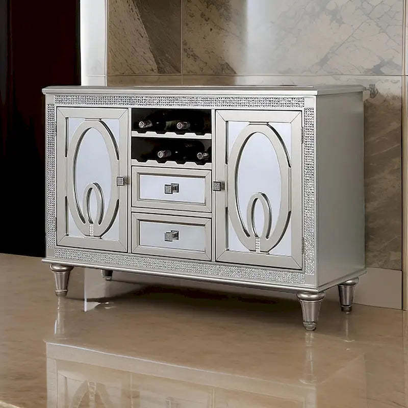 Cate 54 Inch Buffet Server Console, 2 Doors, Wine Rack, Mirrored, Silver