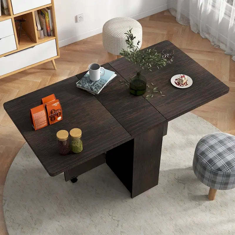 Folding Dining Table with 2-Tier Storage Rack and Wheels - N/A