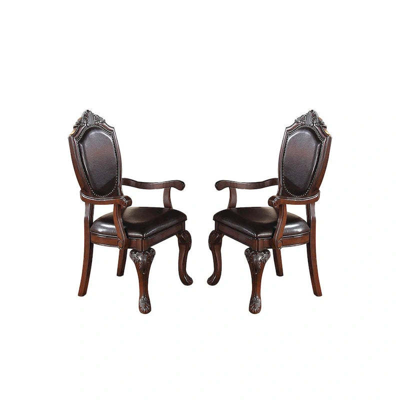 Dining Arm Chairs With Faux Leather Upholstery, Set Of 2, Dark Brown