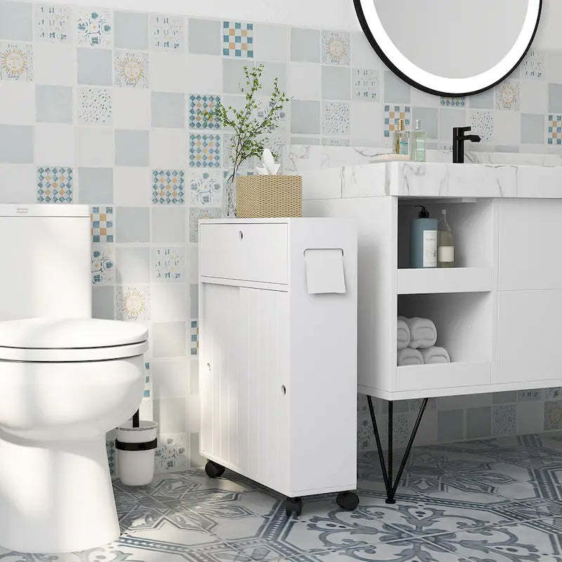 kleankin Toilet Paper Cabinet, Slim Bathroom Cabinet with 4 Rolling Wheels, Small Bathroom Storage Cabinet with Paper Holes