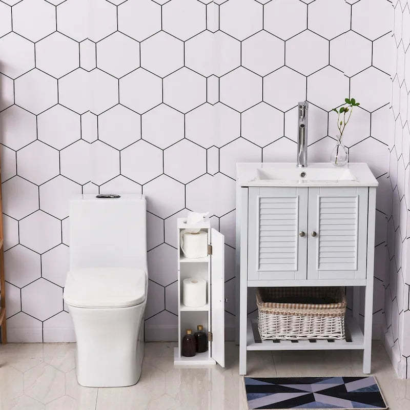 Bathroom Toilet Paper Cabinet, Corner Floor Cabinet with Doors and Shelves