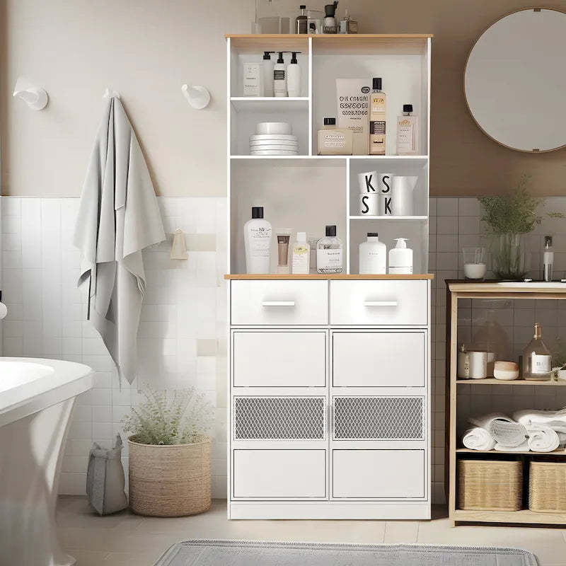 72 Height Freestanding Linen Tower Cabinet Tall Large Floor Storage Cabinet for Home Kitchen Bathroom Living Room White