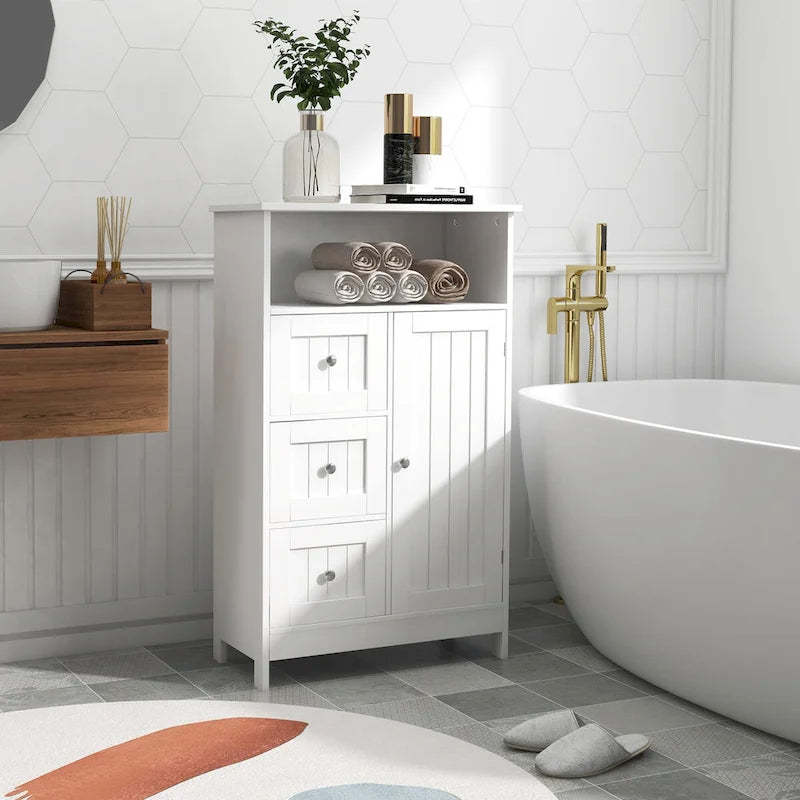 Nestfair White Bathroom Standing Storage Cabinet with 3 Drawers and 1 Door - N/A