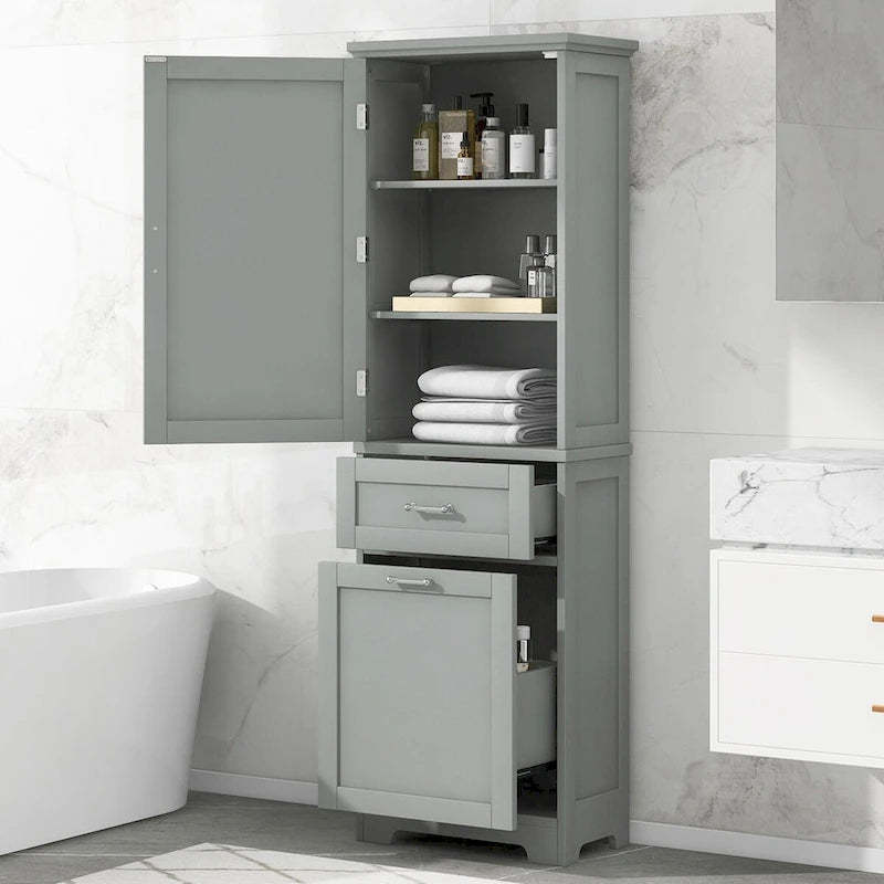 20 in. W x 13 in. D x 68.1 in. H Linen Cabinet with 2-Different Size Drawers and Adjustable Shelf