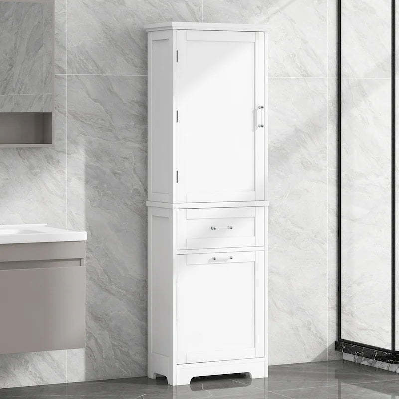 68 Tall Wood 1-door Bathroom Cabinet in White with Drawers and Adjustable Shelf