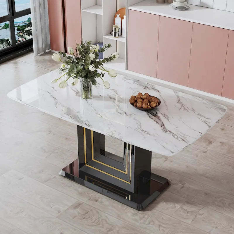 Dining table. White imitation marble pattern desktop. Black MDF table legs with gold lines and black base