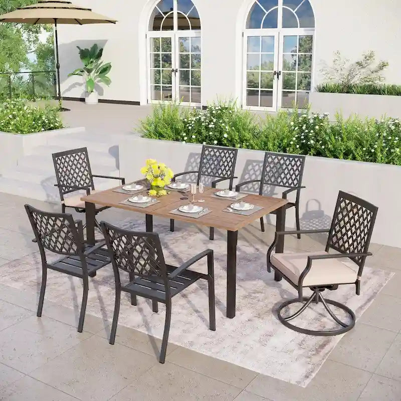 MAISON ARTS Patio Dining Set of 7 with Rectangular Brown Metal Dining Table and Metal Chairs
