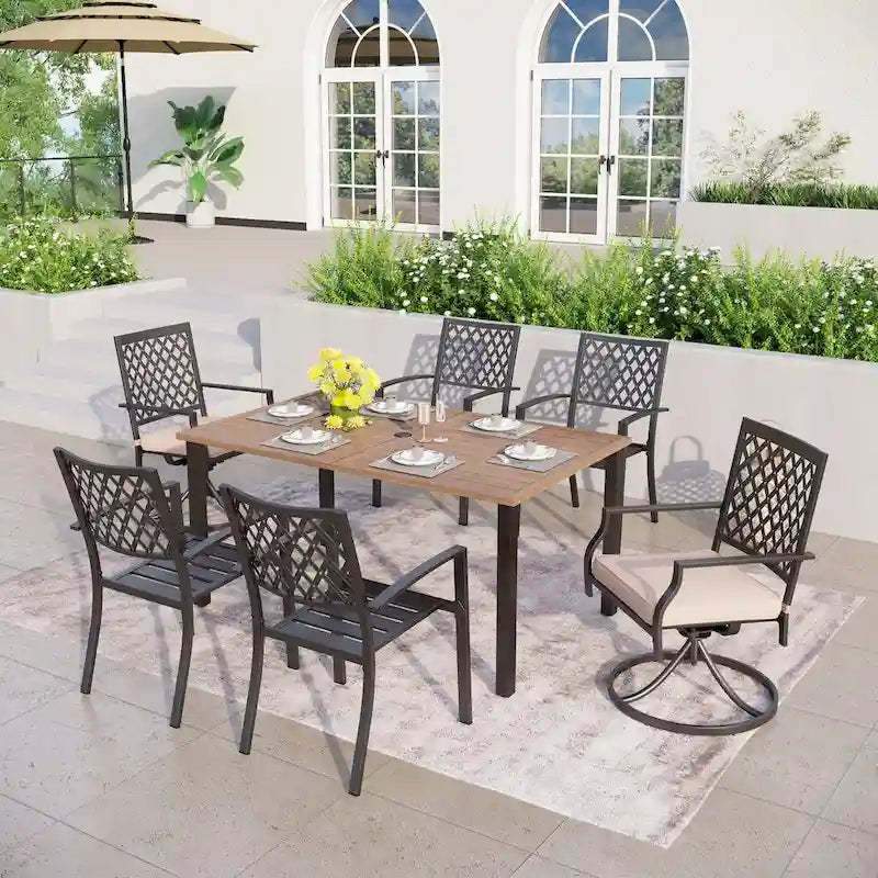MAISON ARTS Patio Dining Set of 7 with Rectangular Brown Metal Dining Table and Metal Chairs