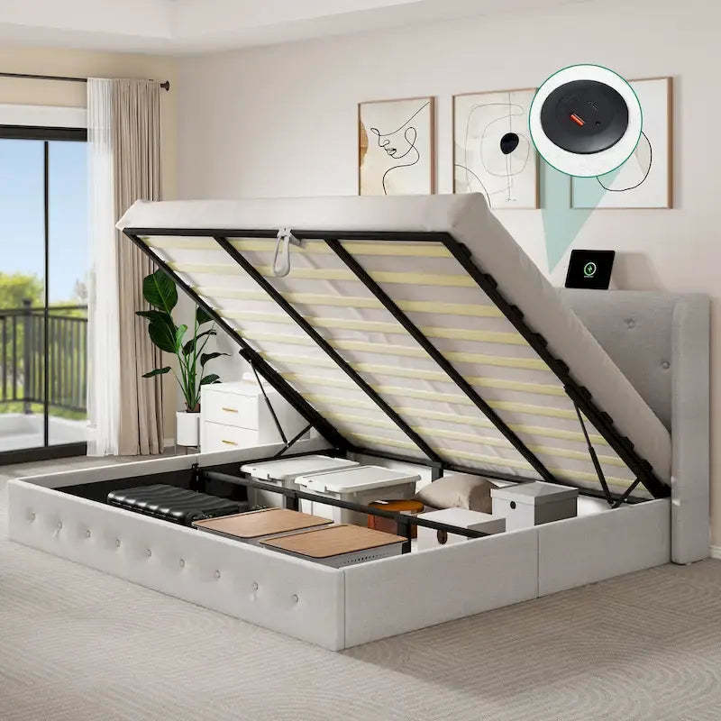 Queen Upholstered Headboard Platform Beds Lift Up Storage Bed
