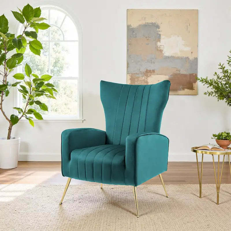 Velvet Stripe Wingback Accent Chair with Metal Legs for Living Room