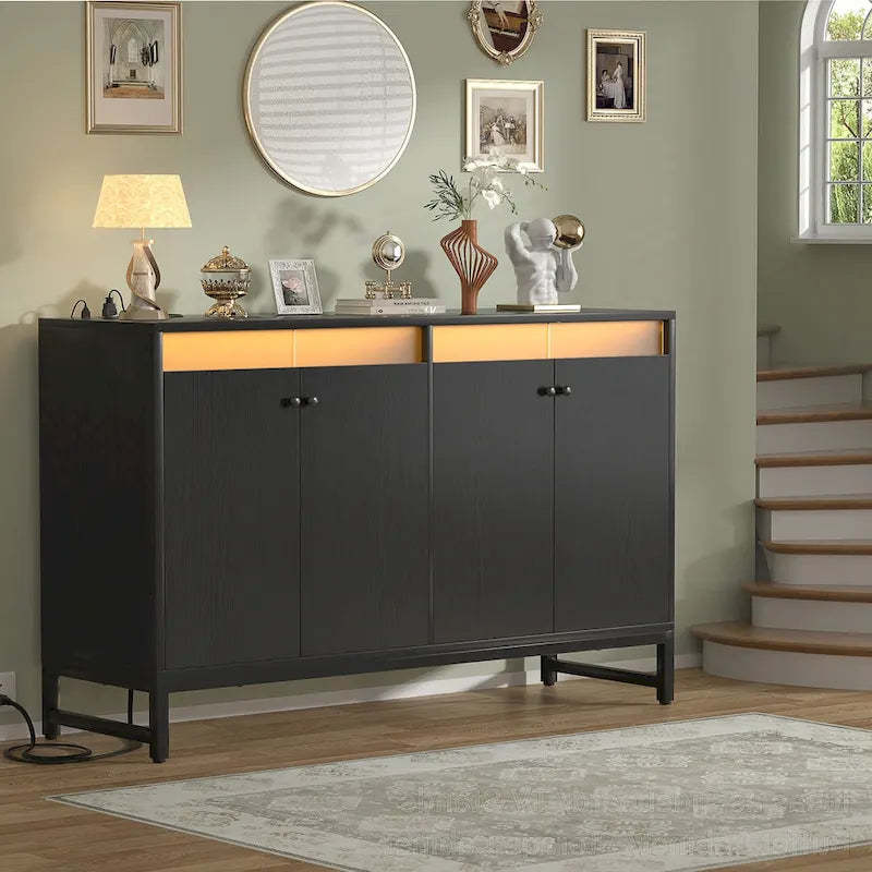 4 Doors Accent Cabinet with Power Outlet, Buffet Cabinet Storage Bar Cabinet with LED Light