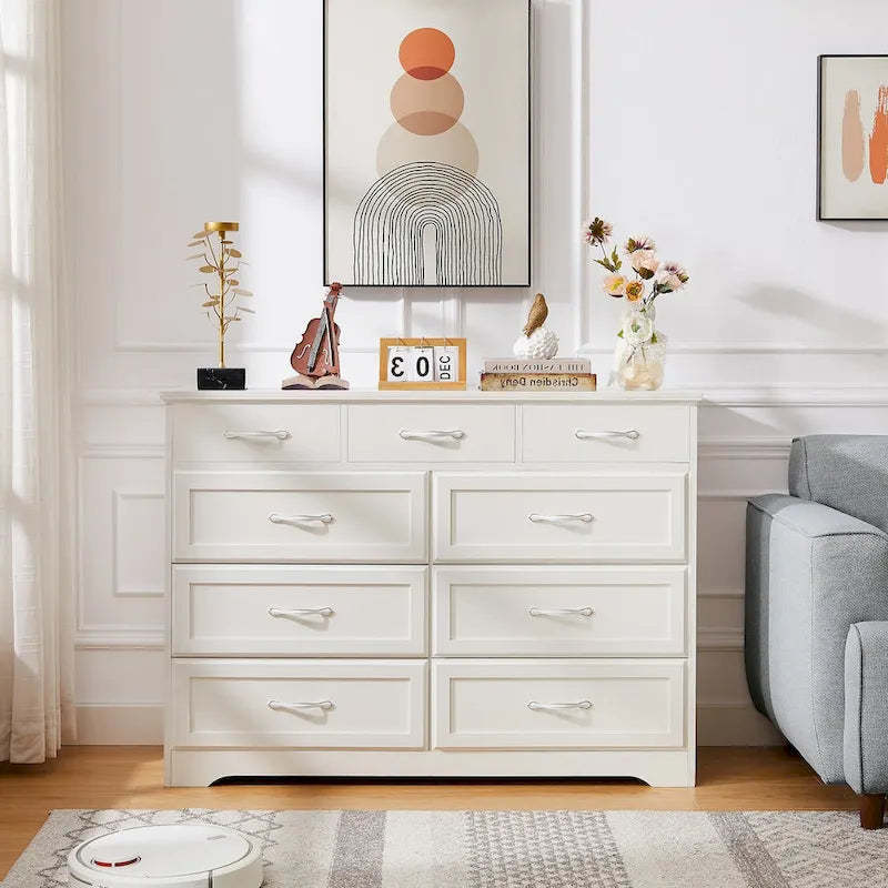 Bedroom dresser, 9 drawer long dresser with antique handles, wood chest of drawers for kids room, living room, entry and hallway