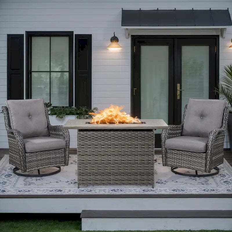Outdoor Rattan Swivel Chair with Fire Pit Table - Grey