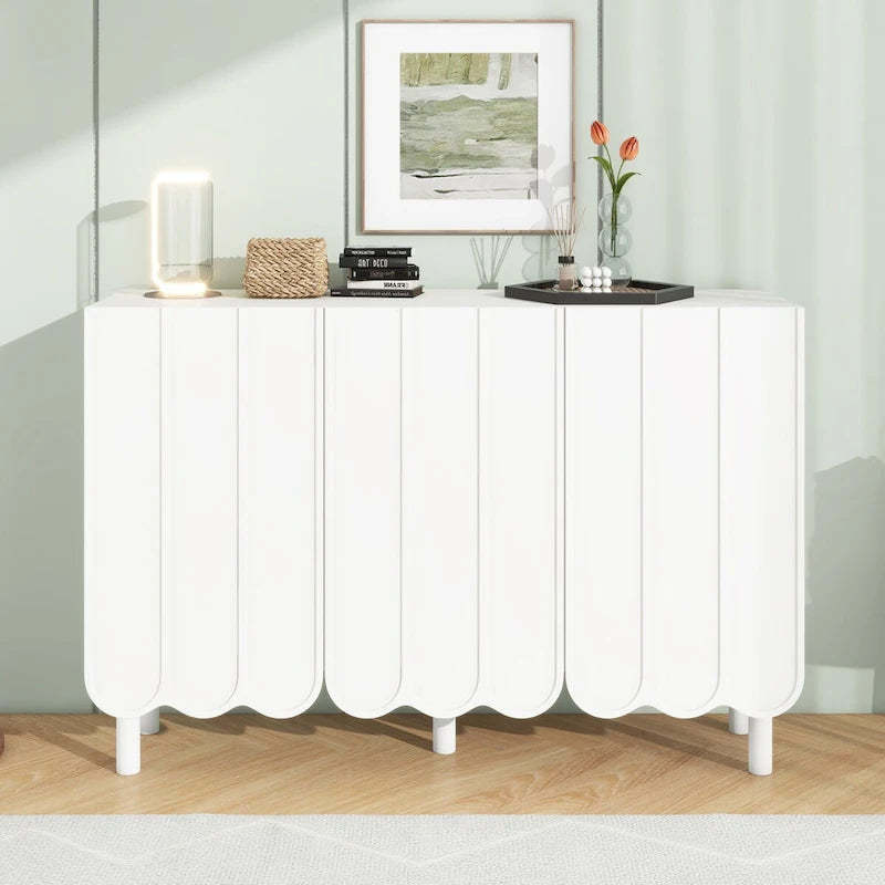 Shoe Cabinet with 5 Solid Wood Legs, Sideboard Buffet Cabinet with Adjustable Shelves, Large Storage Cabinet with Wave Doors