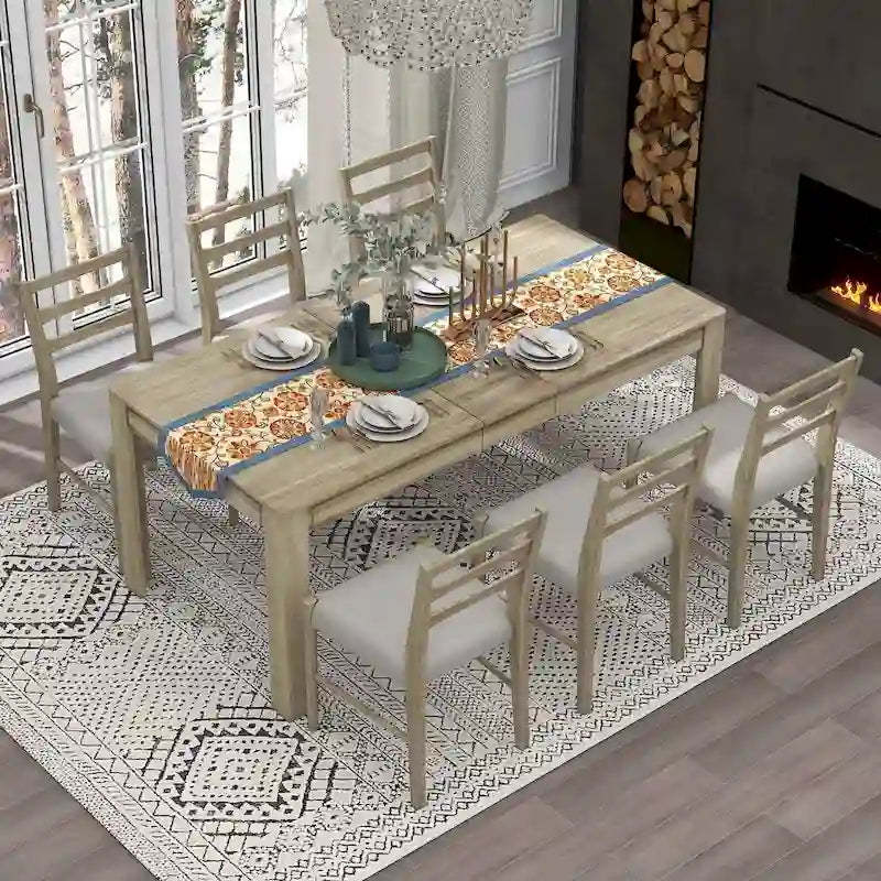 7 PCS Wooden Dining Table Set for 6 with Extendable Table